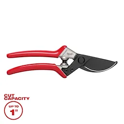 Image of a 1" Pruner featuring red handles and a black cutting blade. The pruner has a cut capacity of up to 1 inch, indicated by a label in the bottom left corner of the image.