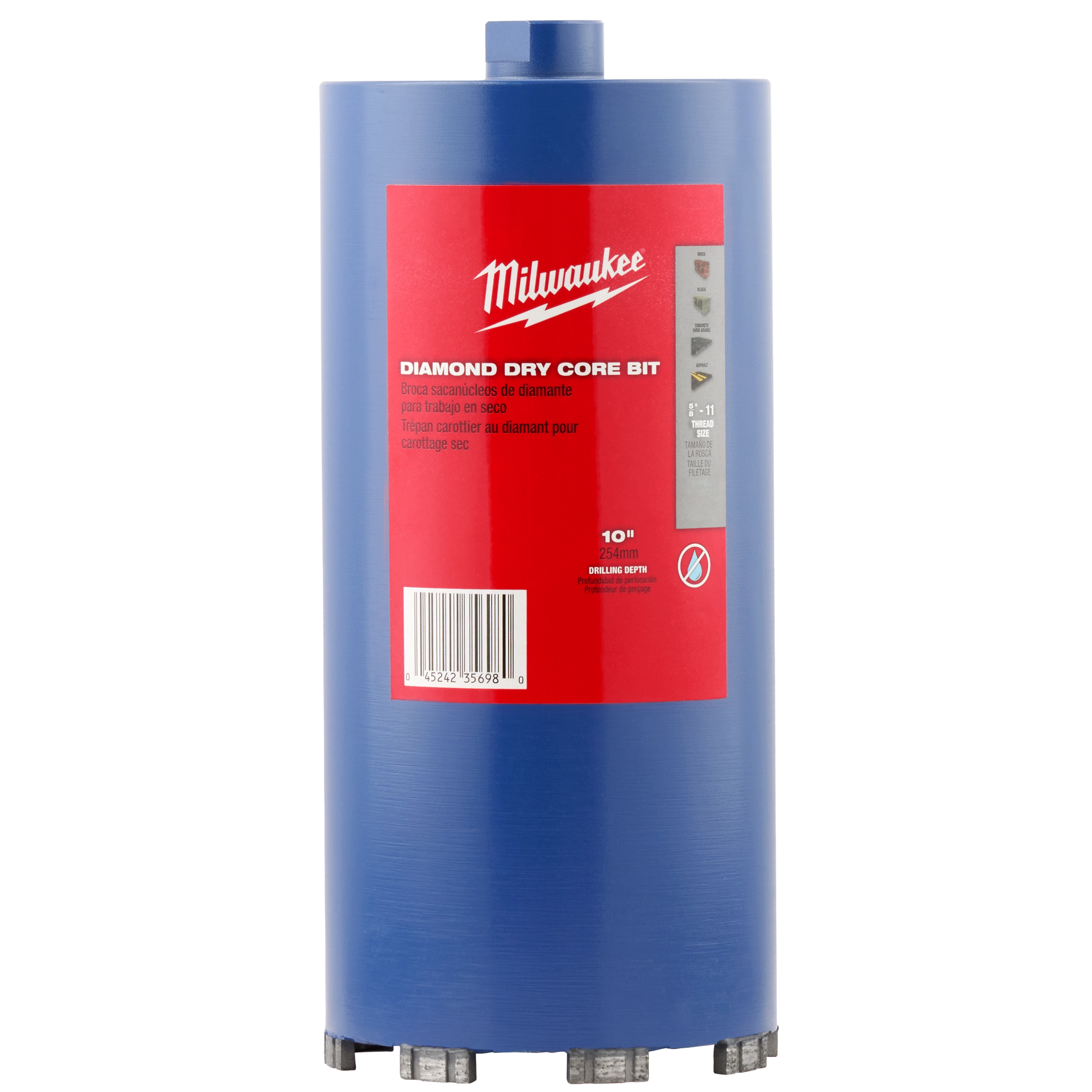 Milwaukee Diamond Dry Core Bit, 3-1/2" - 6" for masonry drilling, features a blue cylindrical body with a red label.