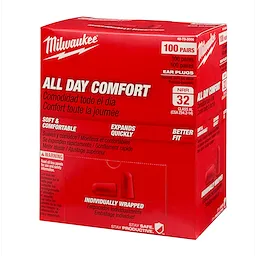 A red box of 100 pairs of Ear Plugs, All Day Comfort, offering 32 NRR. The box features soft, comfortable, and individually wrapped ear plugs.