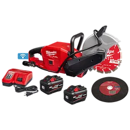 The M18™ FUEL™ 9" Cut Off Saw w/ ONE-KEY™ is displayed with accessories including two M18™ batteries, a charger, and two cutting discs. The saw is red with branding and features a handle and protective blade cover.
