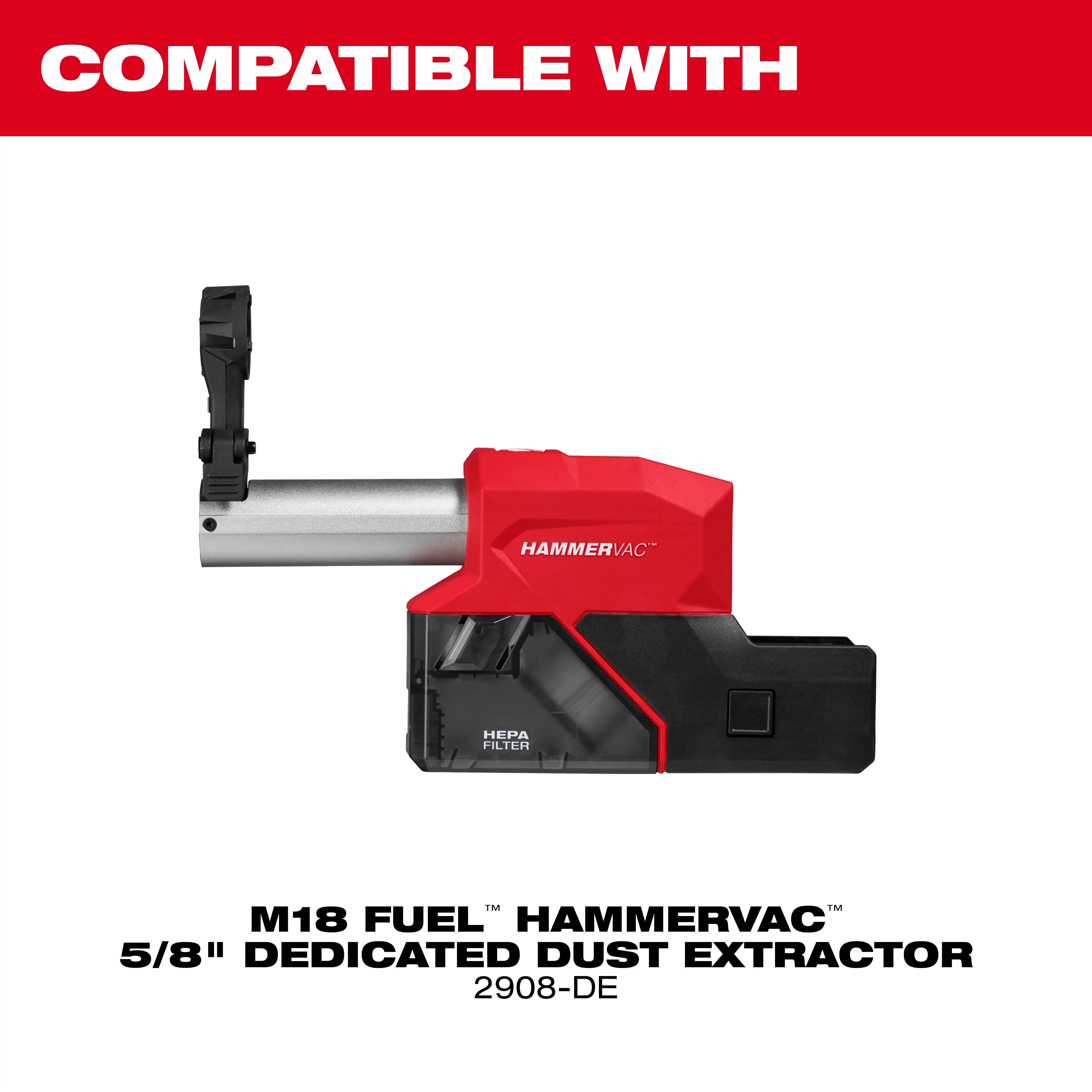 Accessory Dust Box compatible with M18 Fuel Hammervac 5/8" Dedicated Dust Extractor 2908-DE. Features a HEPA filter.