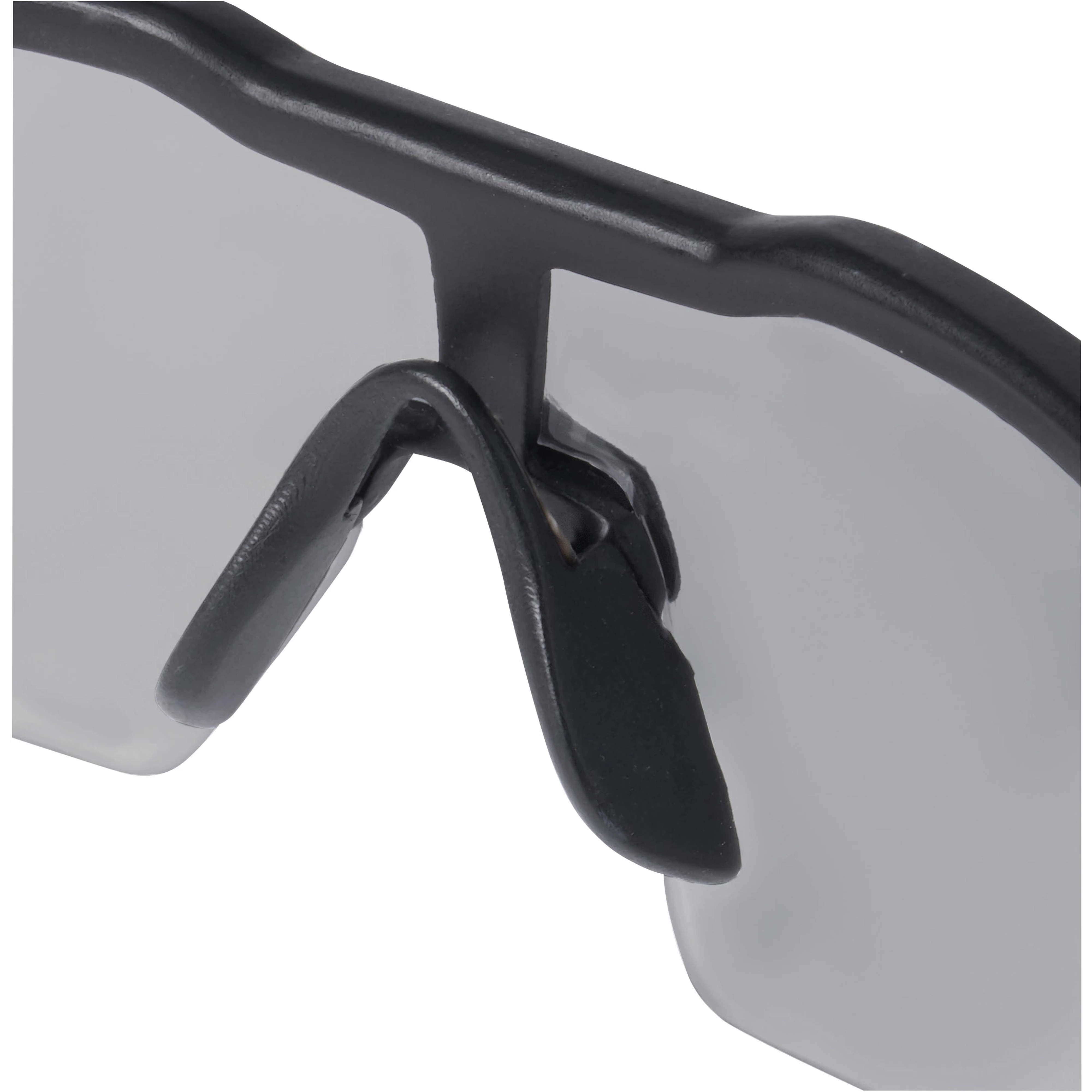 Close-up of Safety Glasses with Gray Fog-Free Lenses, featuring a black frame and adjustable nose piece for comfort.