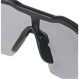 Close-up of Safety Glasses with Gray Fog-Free Lenses, featuring a black frame and adjustable nose piece for comfort.