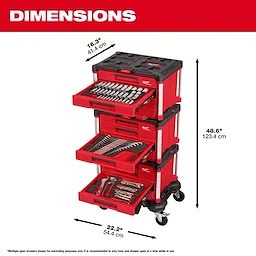 The 366pc. Master Mechanics Hand Tool Set with PACKOUT™ Drawers and Dolly includes stacked red tool drawers on a wheeled dolly. Dimensions shown are 48.6 inches high, 22.2 inches wide, and 16.3 inches deep. Drawers contain various tools such as wrenches, sockets, and screwdrivers.