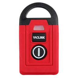 This image shows the Vaclink red and black locking device with a loop at the top. The Vaclink branding is centered below a small light indicator, and a circular power button is beneath the branding. The lock has a sturdy, industrial appearance.