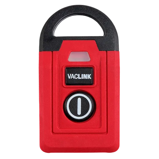 This image shows the Vaclink red and black locking device with a loop at the top. The Vaclink branding is centered below a small light indicator, and a circular power button is beneath the branding. The lock has a sturdy, industrial appearance.