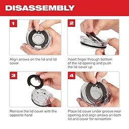 Step-by-step instructions for removing and reinstalling the lid cover on the PACKOUT™ Tumbler Lid Disassembly. Align arrows on the lid and cover, push the cover out from the bottom, remove with the opposite hand, and reinsert by aligning arrows and placing the cover under the groove.