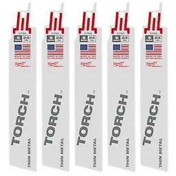 Five pack of 6-inch Milwaukee Torch SAWZALL blades, designed for cutting thin metal. Each blade features 24 teeth per inch and is labeled "Made in USA with Global Materials" along with the Milwaukee logo. The blades are white with red and gray accents.