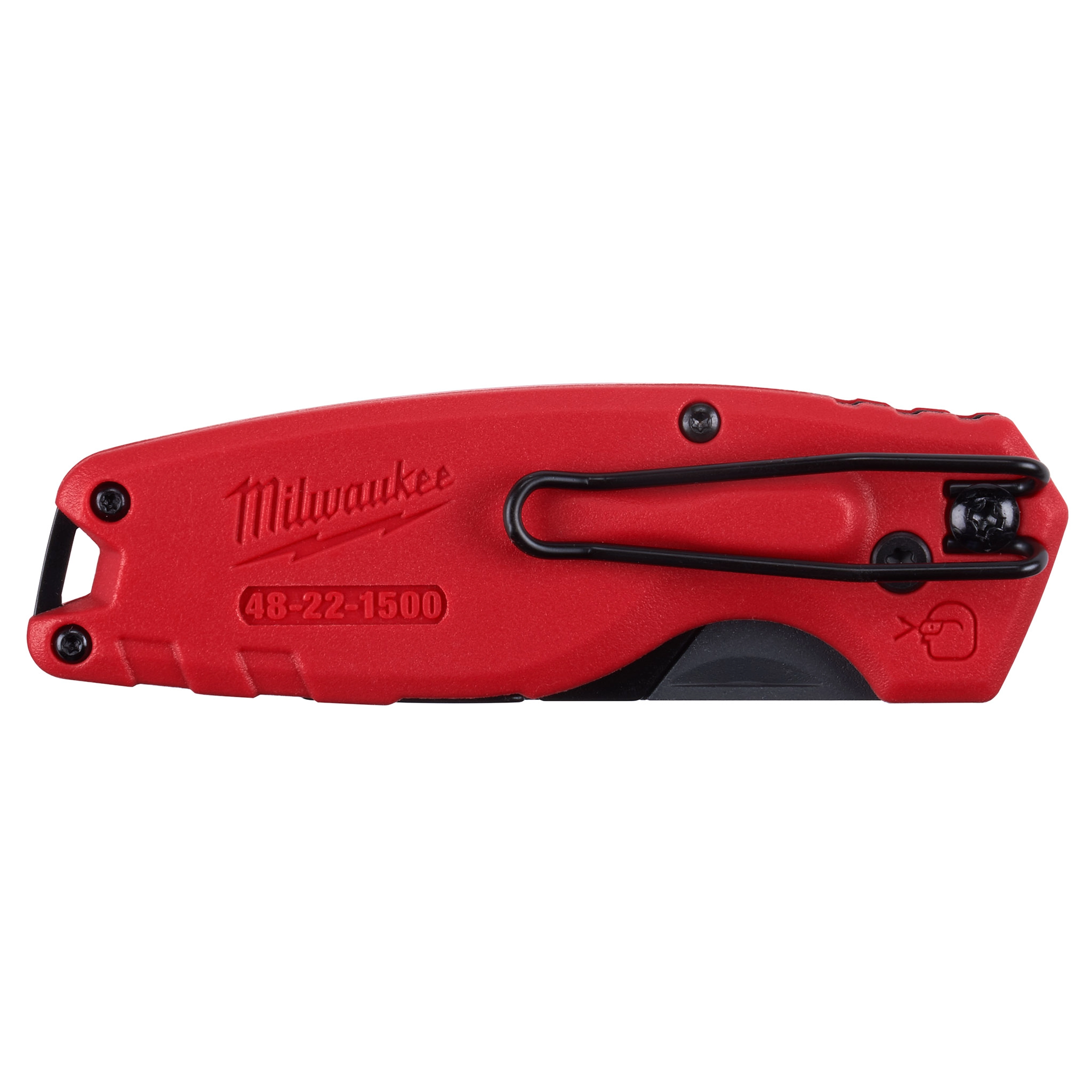 Milwaukee FASTBACK Compact Folding Utility Knife in red, with model number 48-22-1500, featuring a black clip and button.