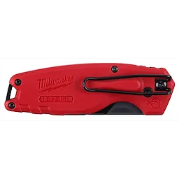 Milwaukee FASTBACK Compact Folding Utility Knife in red, with model number 48-22-1500, featuring a black clip and button.