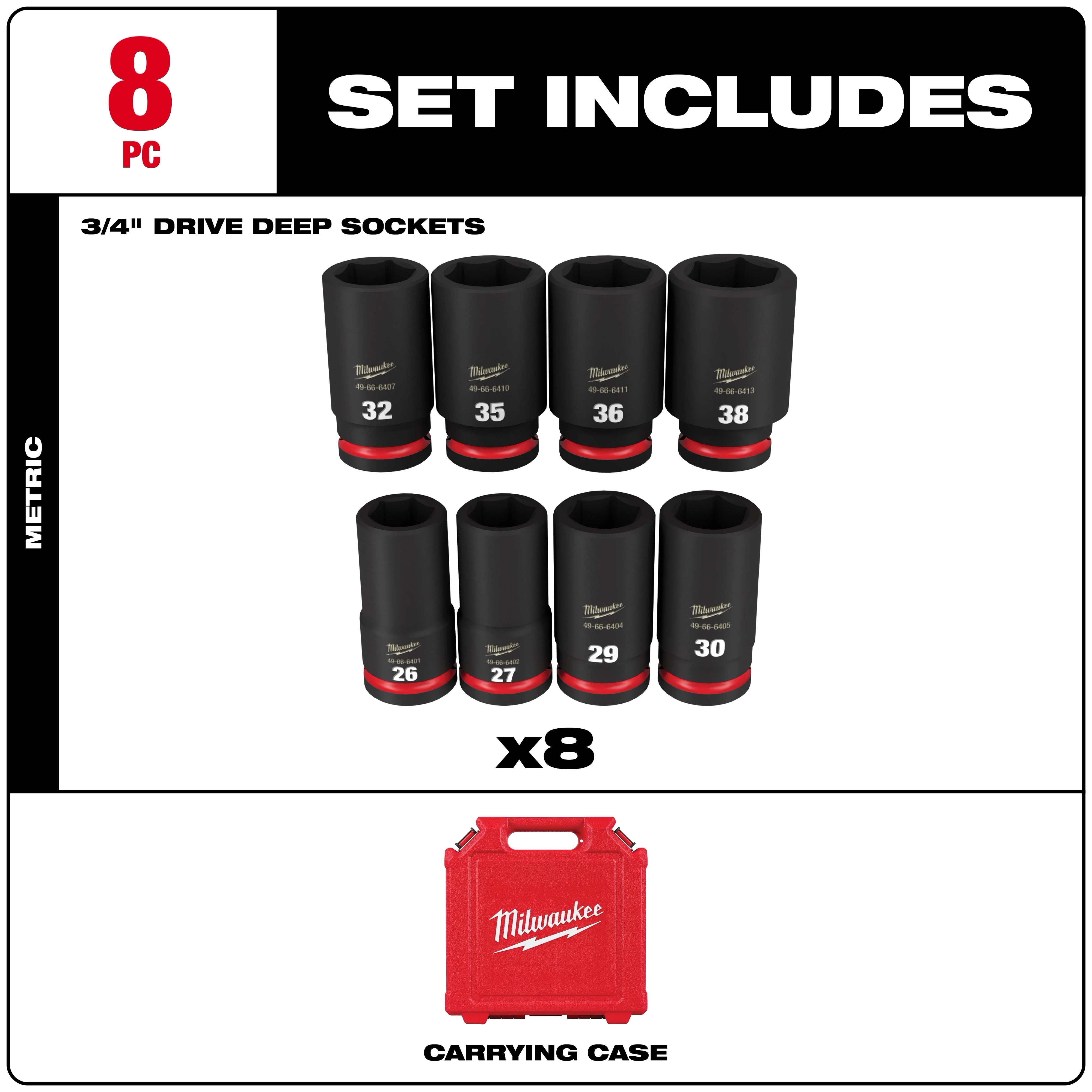 Milwaukee 8-piece 3/4" drive deep socket set includes eight metric sockets in sizes 26, 27, 29, 30, 32, 35, 36, and 38 millimeters. The set comes with a red carrying case.