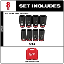 Milwaukee 8-piece 3/4" drive deep socket set includes eight metric sockets in sizes 26, 27, 29, 30, 32, 35, 36, and 38 millimeters. The set comes with a red carrying case.