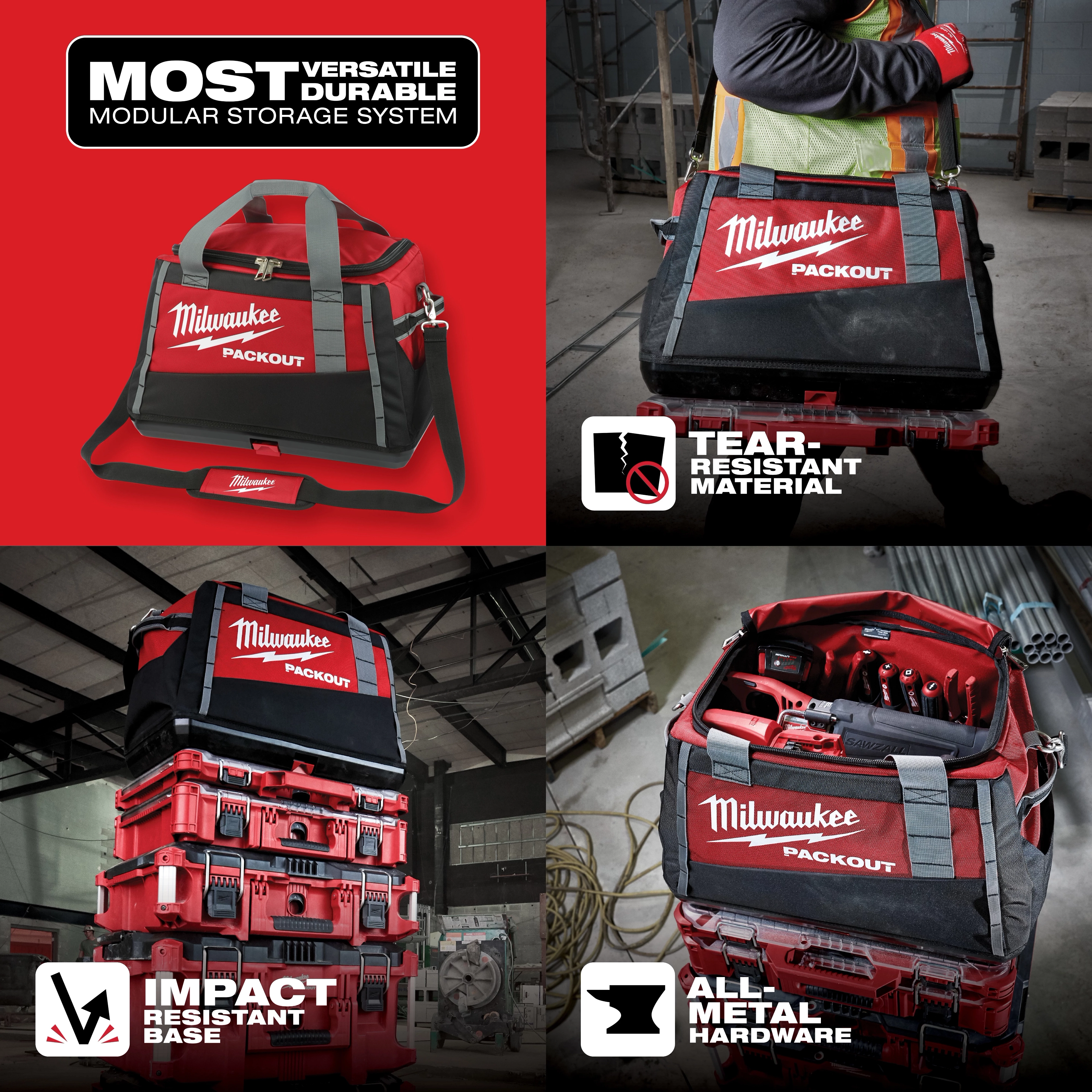 Milwaukee Packout toolbox featuring tear-resistant material, an impact-resistant base, and all-metal hardware, ideal for durable storage.