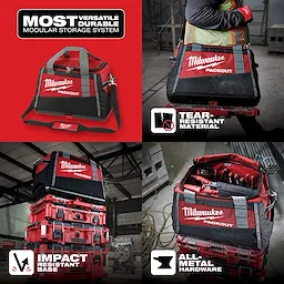Milwaukee Packout toolbox featuring tear-resistant material, an impact-resistant base, and all-metal hardware, ideal for durable storage.
