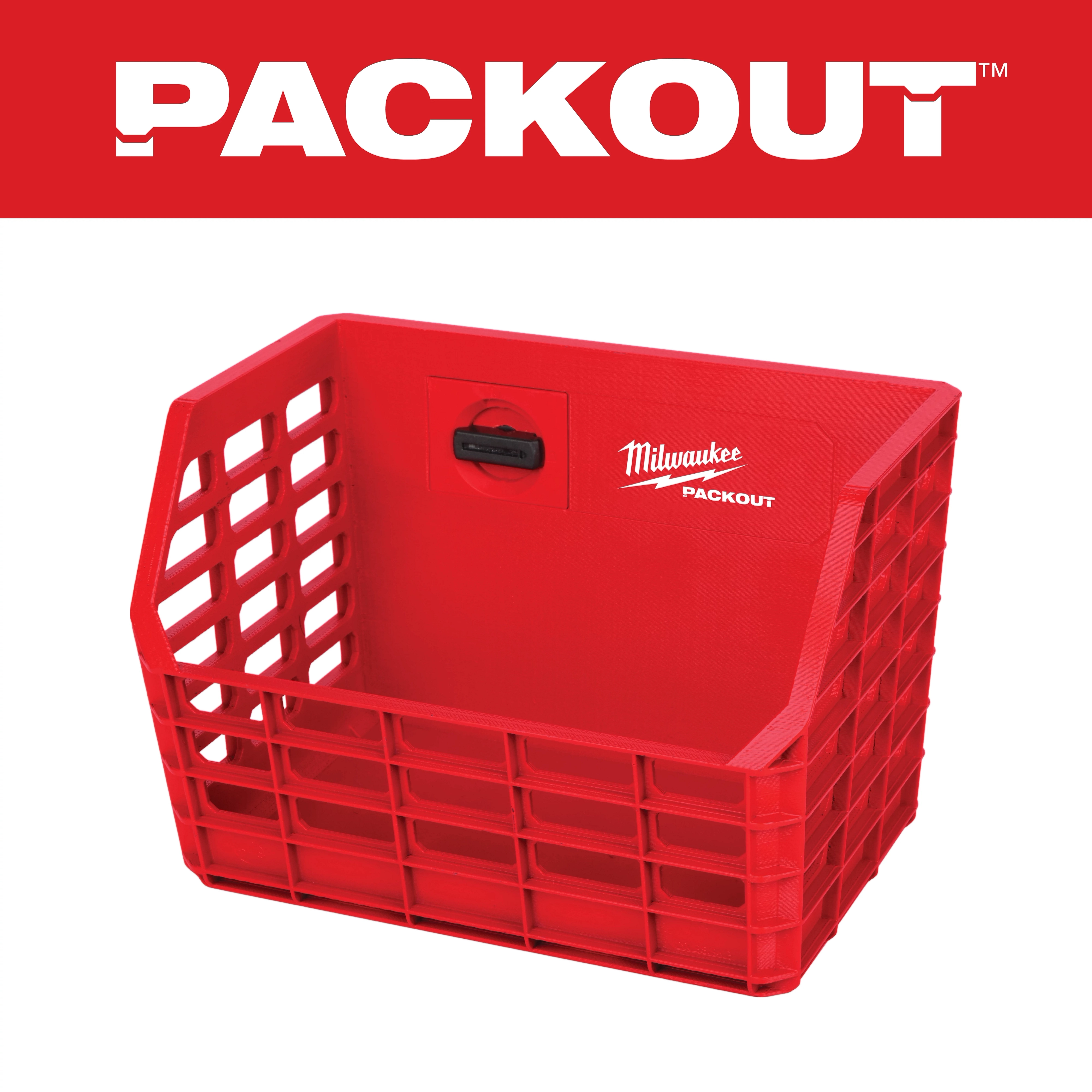 Red PACKOUT Compact Wall Basket with a grid design, featuring a black latch and the Milwaukee PACKOUT logo on the back panel.