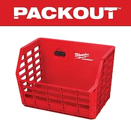 Red PACKOUT Compact Wall Basket with a grid design, featuring a black latch and the Milwaukee PACKOUT logo on the back panel.