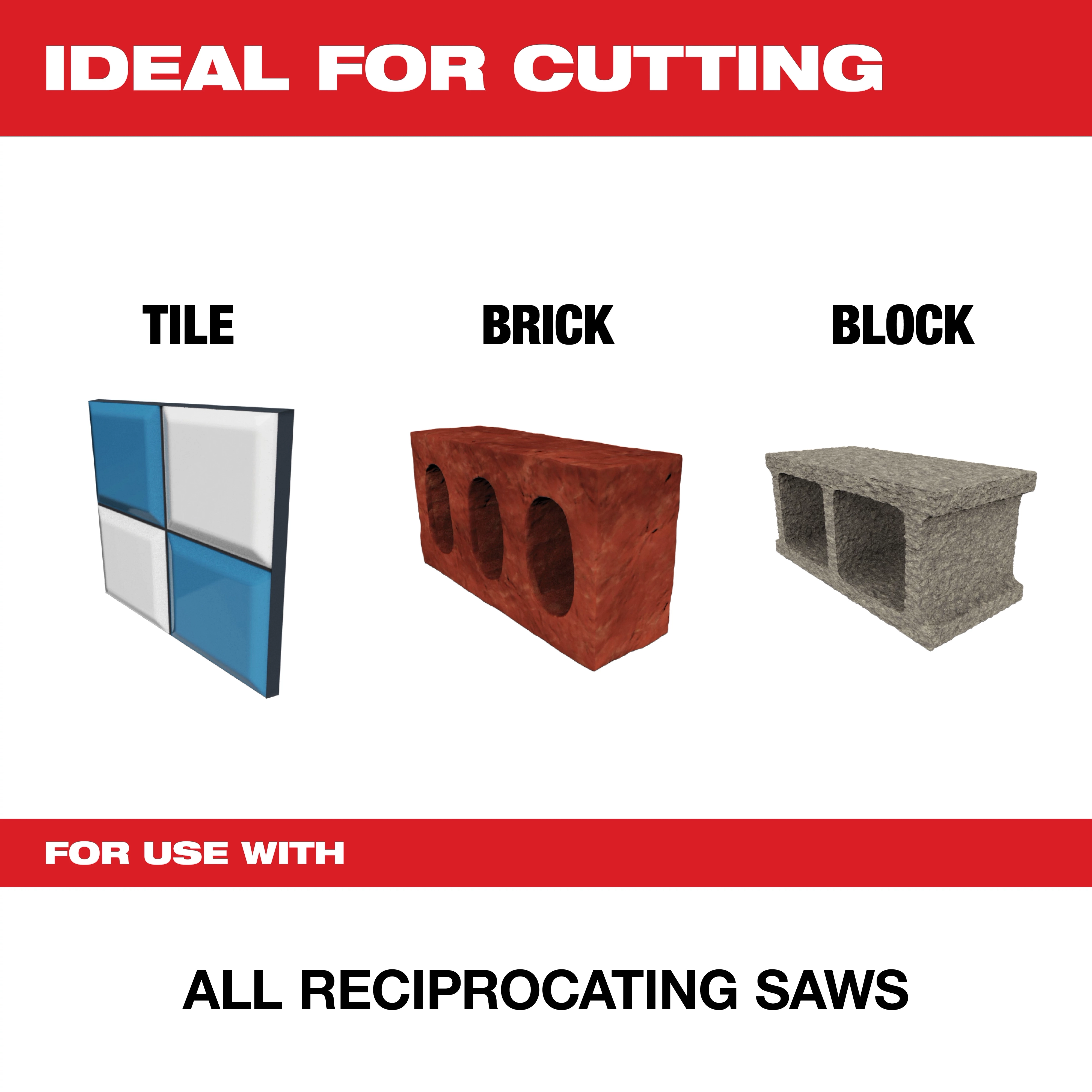 The image promotes a product ideal for cutting tile, brick, and block. It states that the product is compatible with all reciprocating saws.