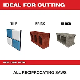 The image promotes a product ideal for cutting tile, brick, and block. It states that the product is compatible with all reciprocating saws.