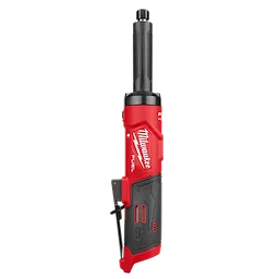 Red and black handheld M12 FUEL 1/4" Extended Die Grinder standing upright on a plain background.