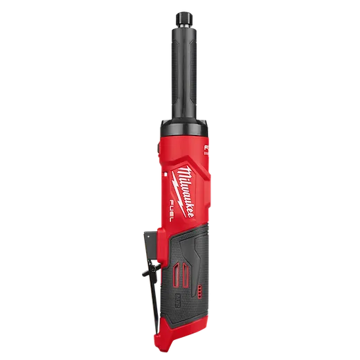 Red and black handheld M12 FUEL 1/4" Extended Die Grinder standing upright on a plain background.