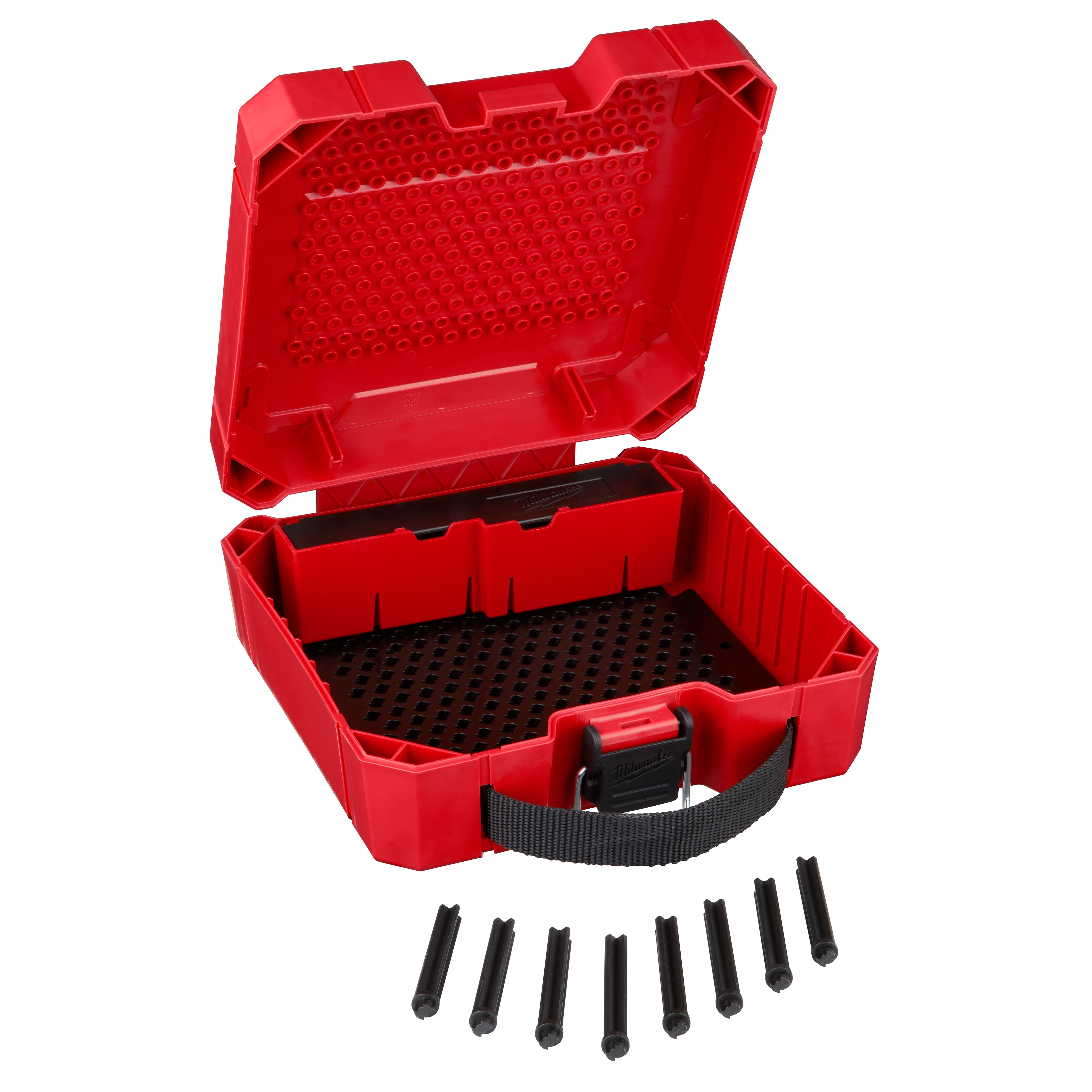 Red Hole Dozer Empty Kit Case with black handle, open to reveal a pegboard interior, and eight black plastic inserts placed in front.