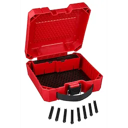 Red Hole Dozer Empty Kit Case with black handle, open to reveal a pegboard interior, and eight black plastic inserts placed in front.