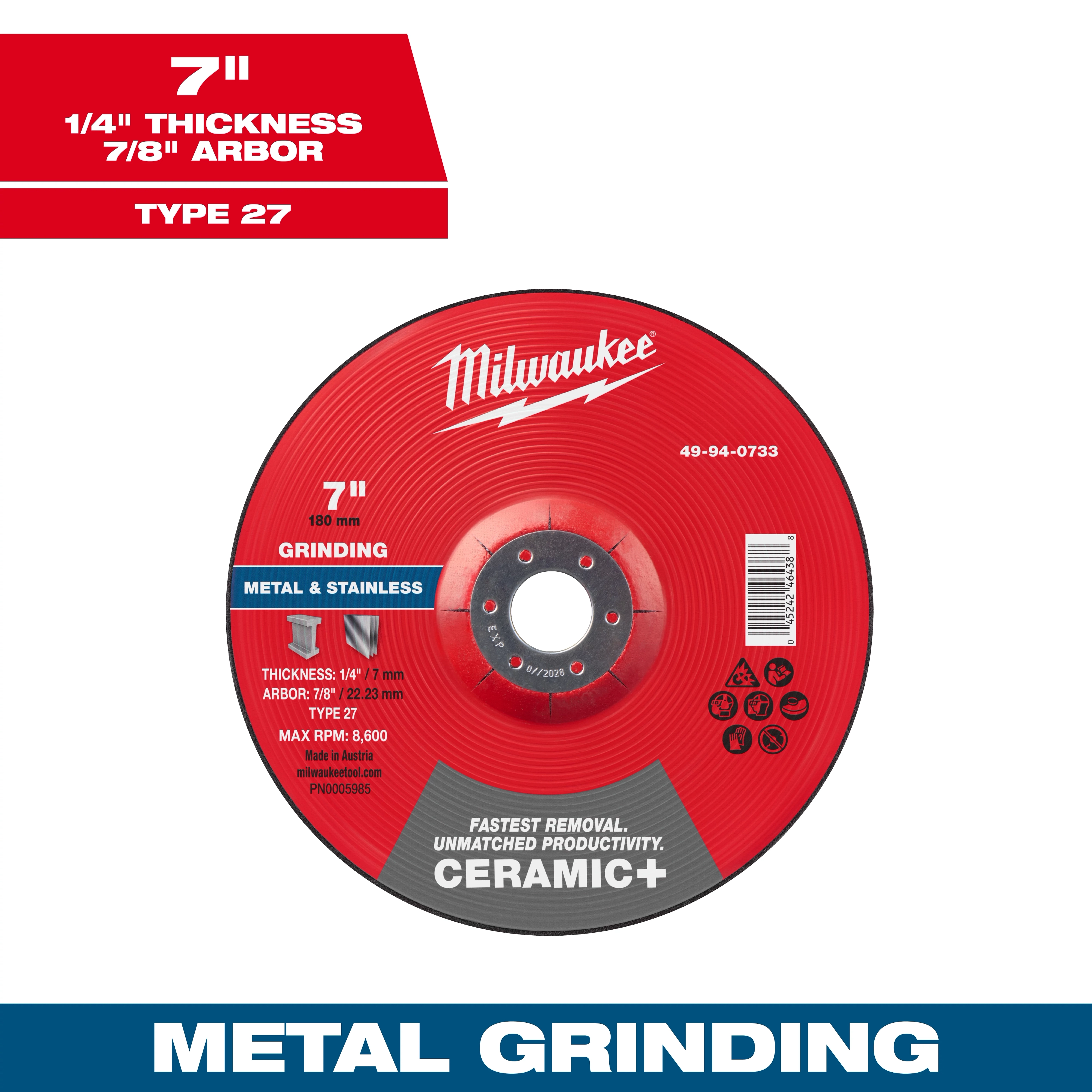 7" x 1/4" x 7/8" Ceramic+ Metal Grinding Wheel - Type 27, designed for grinding metal and stainless. Max RPM: 8,600.