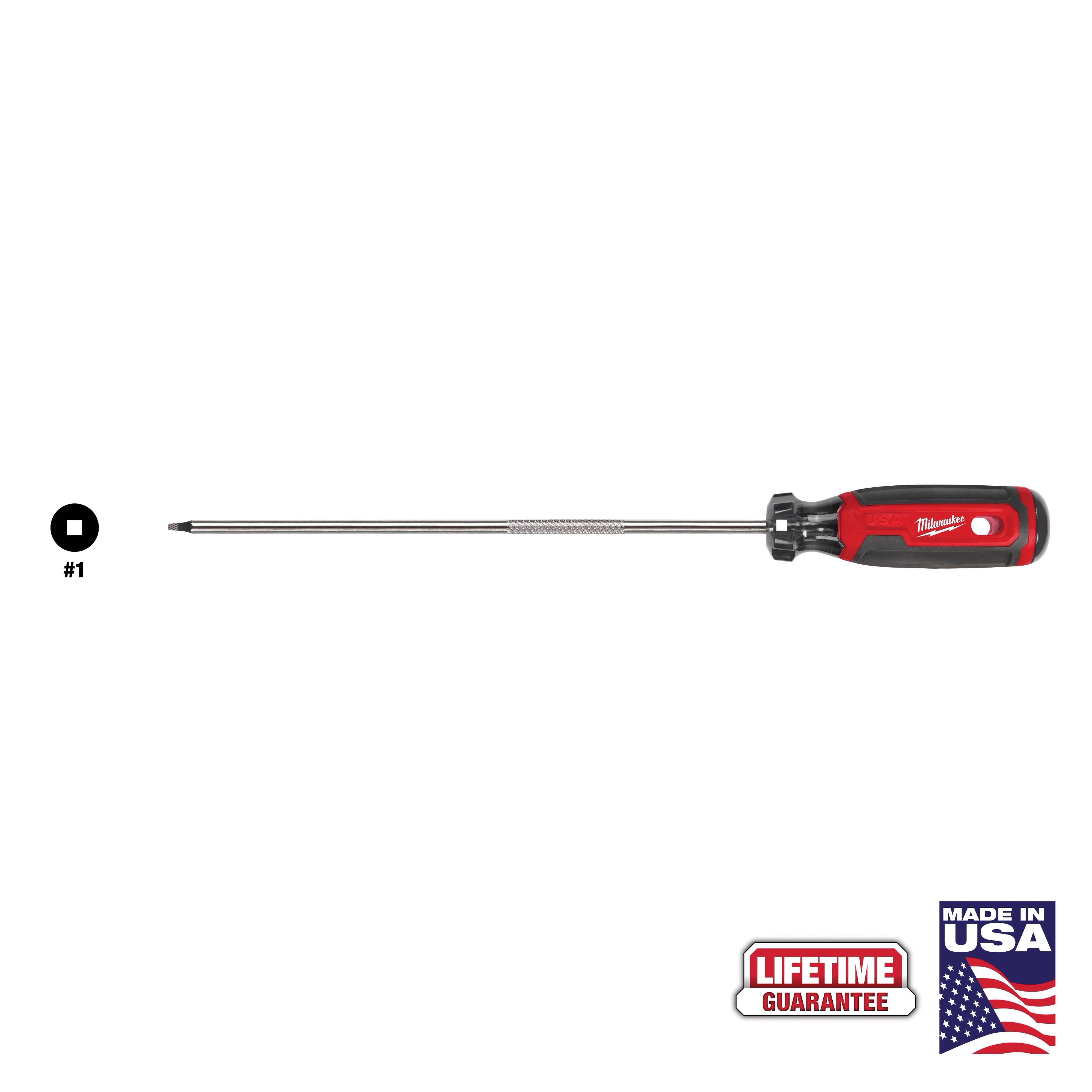 The image features a #1 Square 8" Cushion Grip Screwdriver (USA) with a red and black handle, a metal shaft, and a square tip. It is shown with a "Lifetime Guarantee" badge and a "Made in USA" emblem.