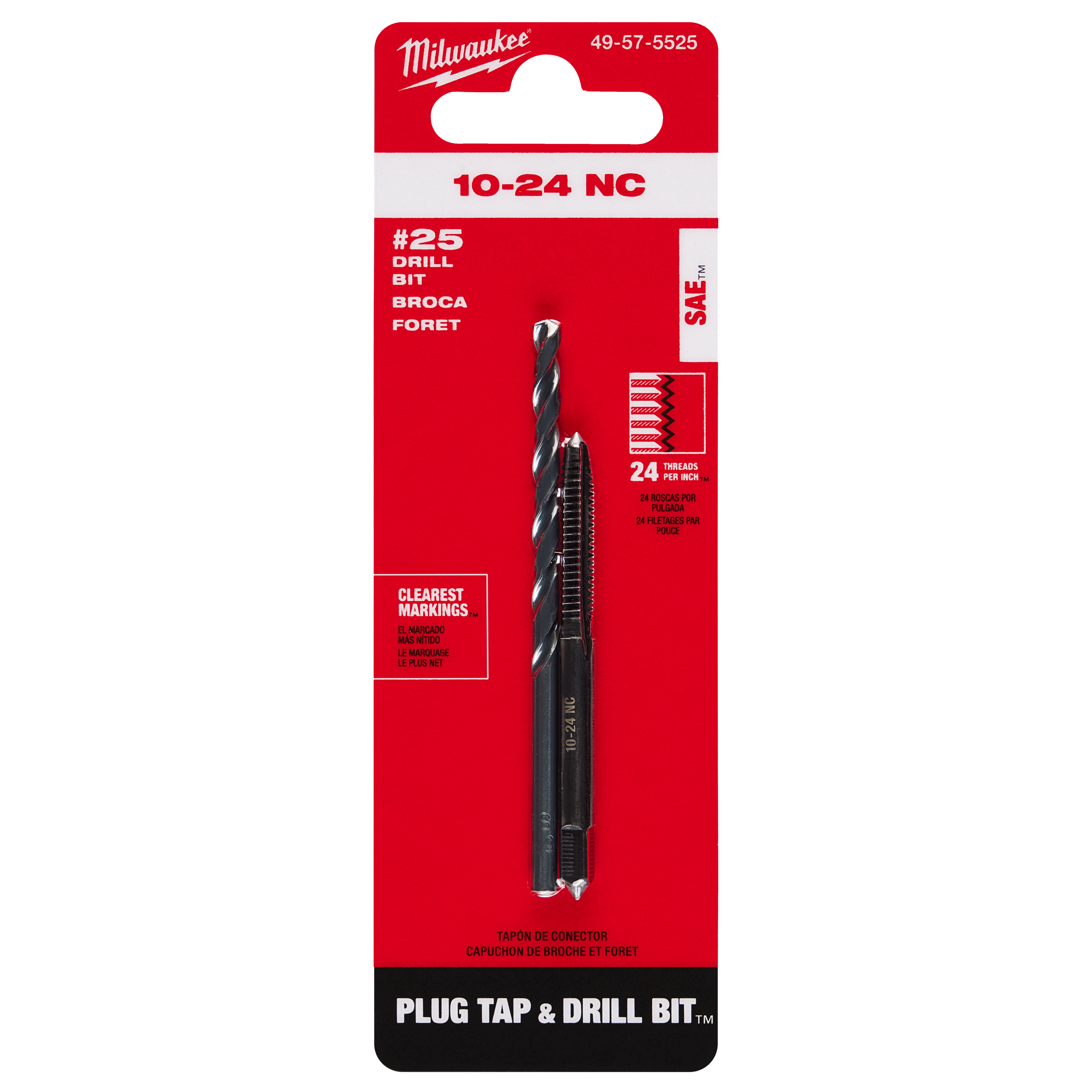 10-24 NC Straight Flute Plug Tap and #25 Drill Bit in red packaging, includes black drill bit and tap tool.
