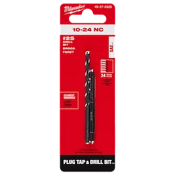 10-24 NC Straight Flute Plug Tap and #25 Drill Bit in red packaging, includes black drill bit and tap tool.