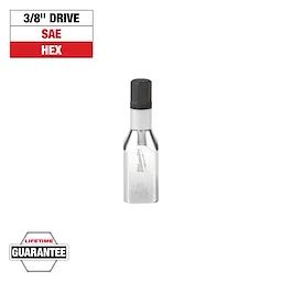 This image shows a 3/8" drive SAE hex bit socket by Milwaukee. The hex socket is silver with a black hex bit and has the Milwaukee logo. Text labels indicate "3/8" Drive", "SAE", "HEX", and a "Lifetime Guarantee". The background is white.