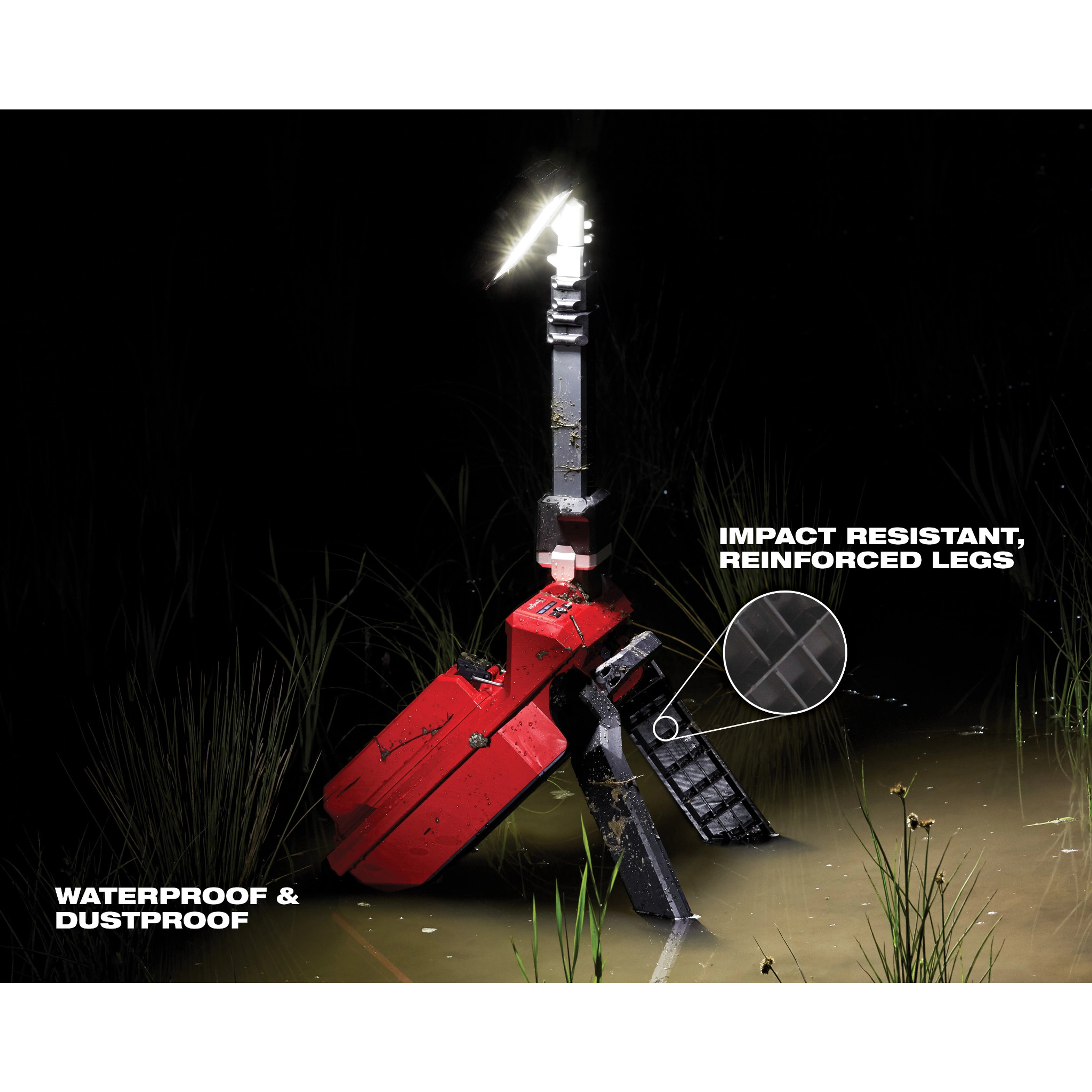 M18 ROCKET Dual Pack Tower Light w/ ONE-KEY shown in a wet environment, highlighting its waterproof, dustproof, and impact-resistant features.