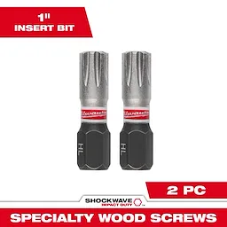 The image shows a pack of SHOCKWAVE™ 1" Insert Bits for HeadLOK™ Wood Screws (2 PK). The bits are designed for specialty wood screws and are labeled with "HL." The packaging highlights the "1-inch Insert Bit" and "2 PC" features.