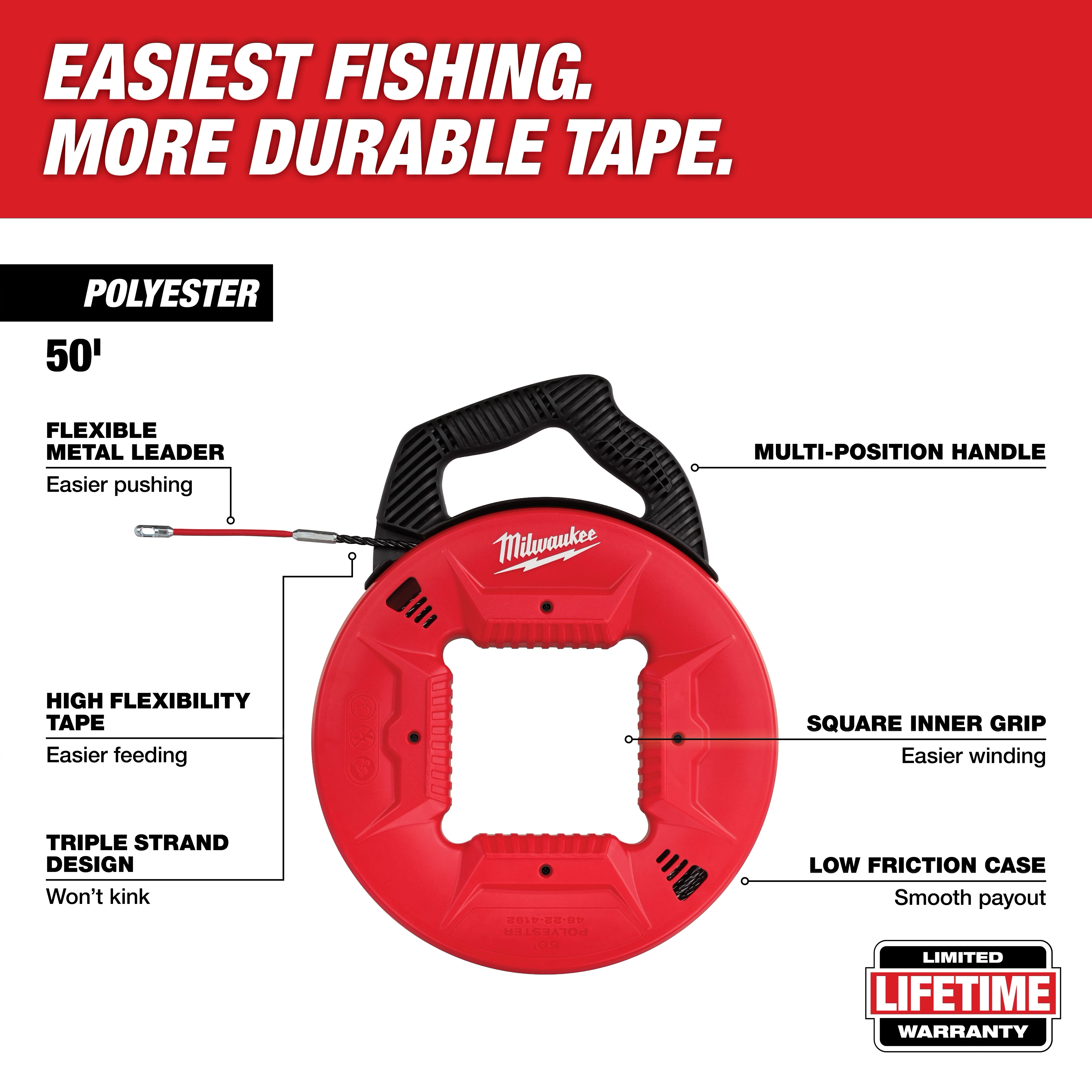 50' Polyester Fish Tape with flexible metal leader, high flexibility triple-strand tape, square inner grip, multi-position handle, and low friction case.