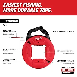 50' Polyester Fish Tape with flexible metal leader, high flexibility triple-strand tape, square inner grip, multi-position handle, and low friction case.