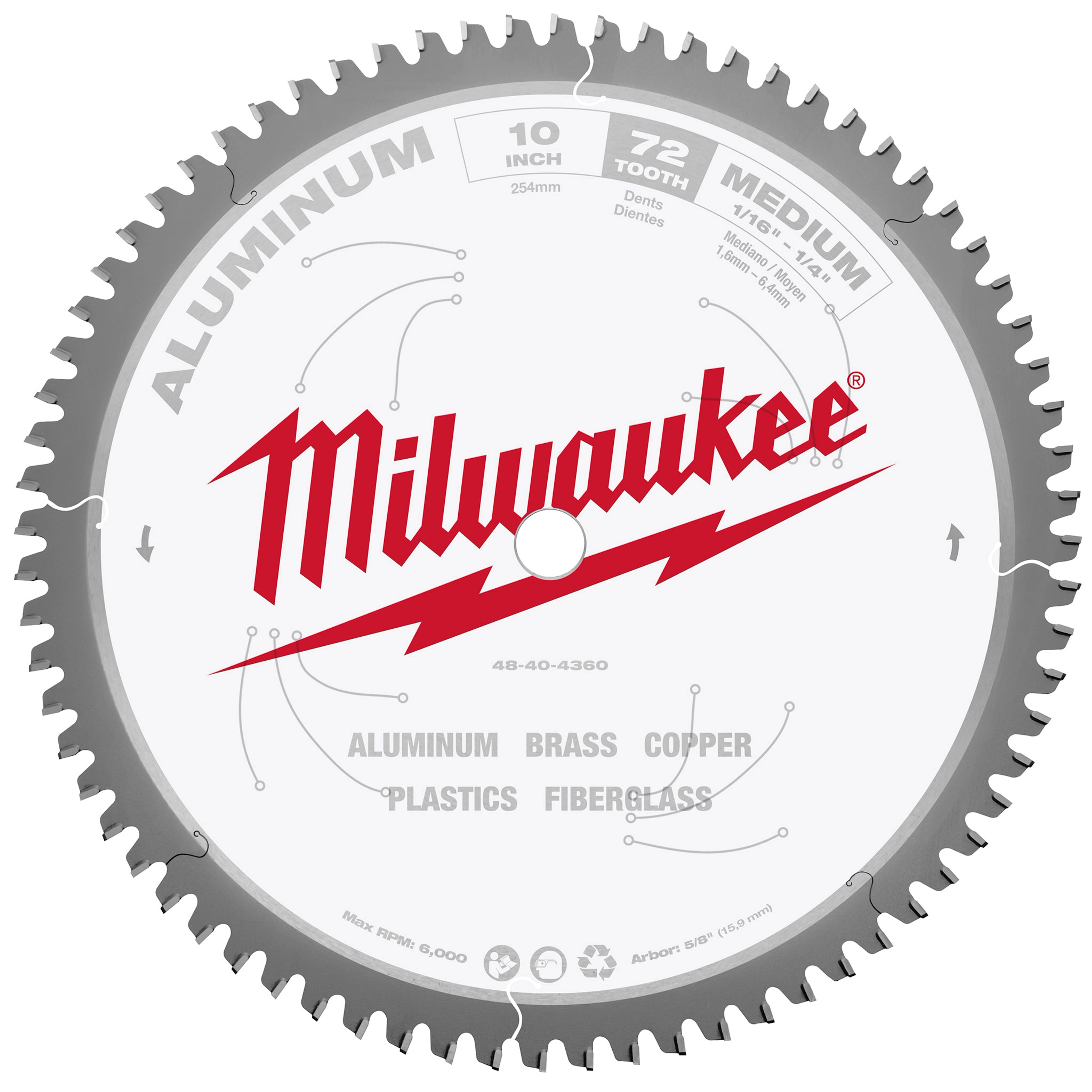 10" Aluminum Cutting Circular Saw Blade with 72 teeth. Suitable for aluminum, brass, copper, plastics, and fiberglass. Red Milwaukee logo.