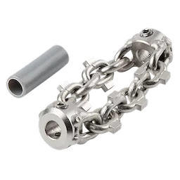 2" Carbide Chain Knocker for 5/16" Chain Snake Cable features interlinked metal chains with carbide tips, shown with a cylindrical sleeve.