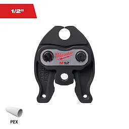 This image shows a Milwaukee M12 1/2" PEX press tool jaw attachment, designed for connecting PEX tubing. The tool is gray and black with the Milwaukee logo prominently displayed in red.