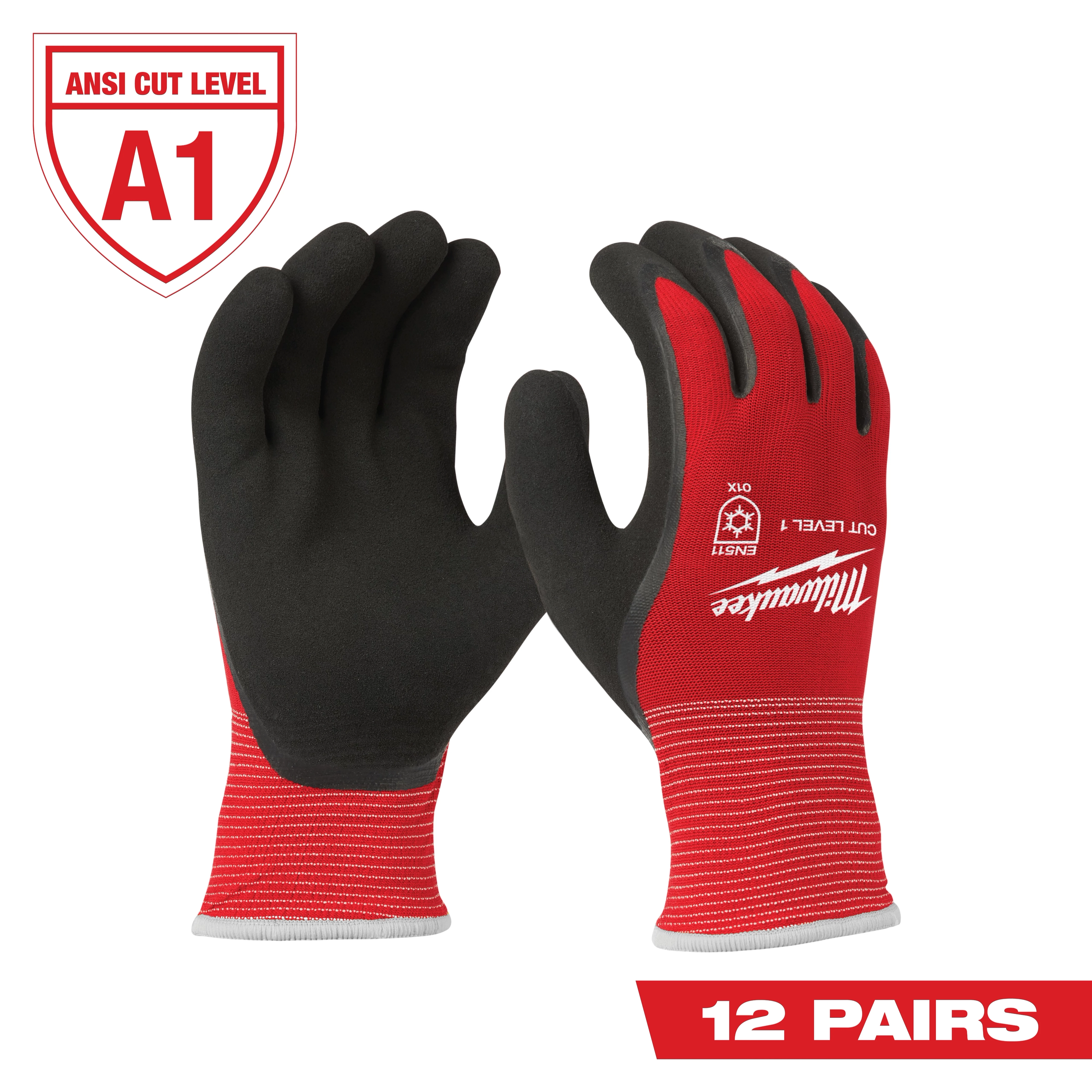Milwaukee red and black cut-resistant gloves, 12 pairs. ANSI Cut Level A1 certification noted on the top left corner.