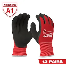 Milwaukee red and black cut-resistant gloves, 12 pairs. ANSI Cut Level A1 certification noted on the top left corner.