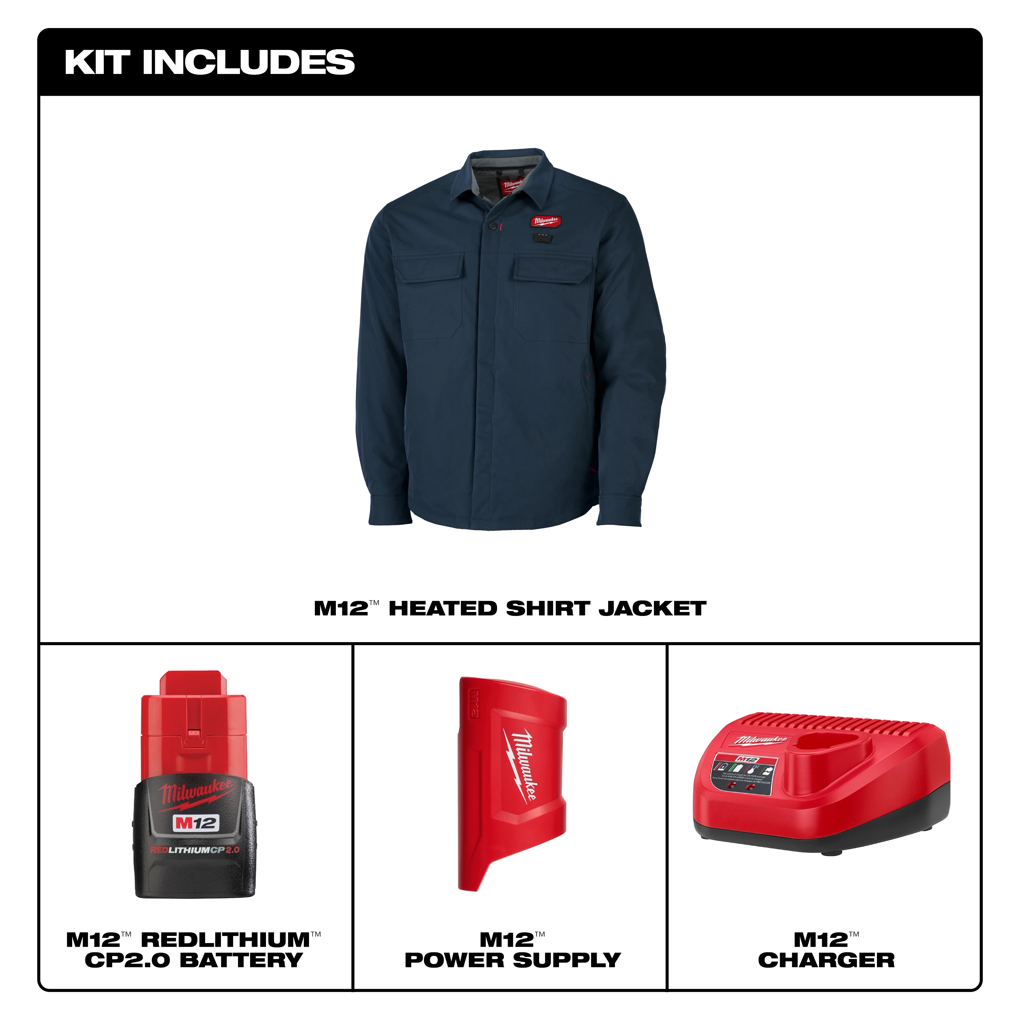 M12 Shirt Jacket - Navy 2X, 3X, L, M, S, XL shown with matching battery, power supply, and charger in a kit layout