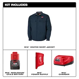 M12 Shirt Jacket - Navy 2X, 3X, L, M, S, XL shown with matching battery, power supply, and charger in a kit layout