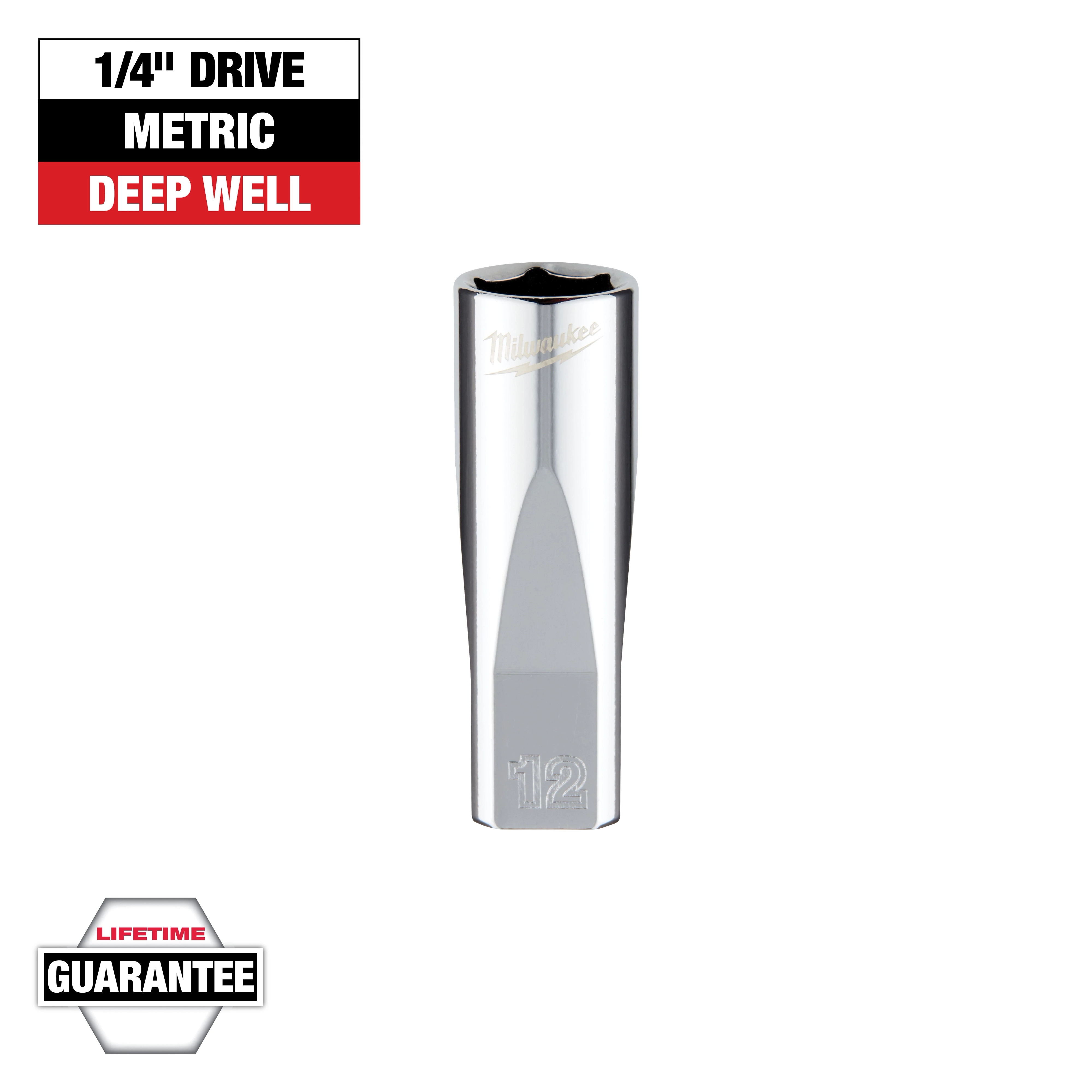 This image displays a Milwaukee 1/4" drive metric deep well socket with a lifetime guarantee. The product is chrome-finished and highlighted with the size "12" engraved at the bottom. Text above indicates its size and type, while a guarantee badge is shown below.