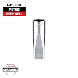 This image displays a Milwaukee 1/4" drive metric deep well socket with a lifetime guarantee. The product is chrome-finished and highlighted with the size "12" engraved at the bottom. Text above indicates its size and type, while a guarantee badge is shown below.