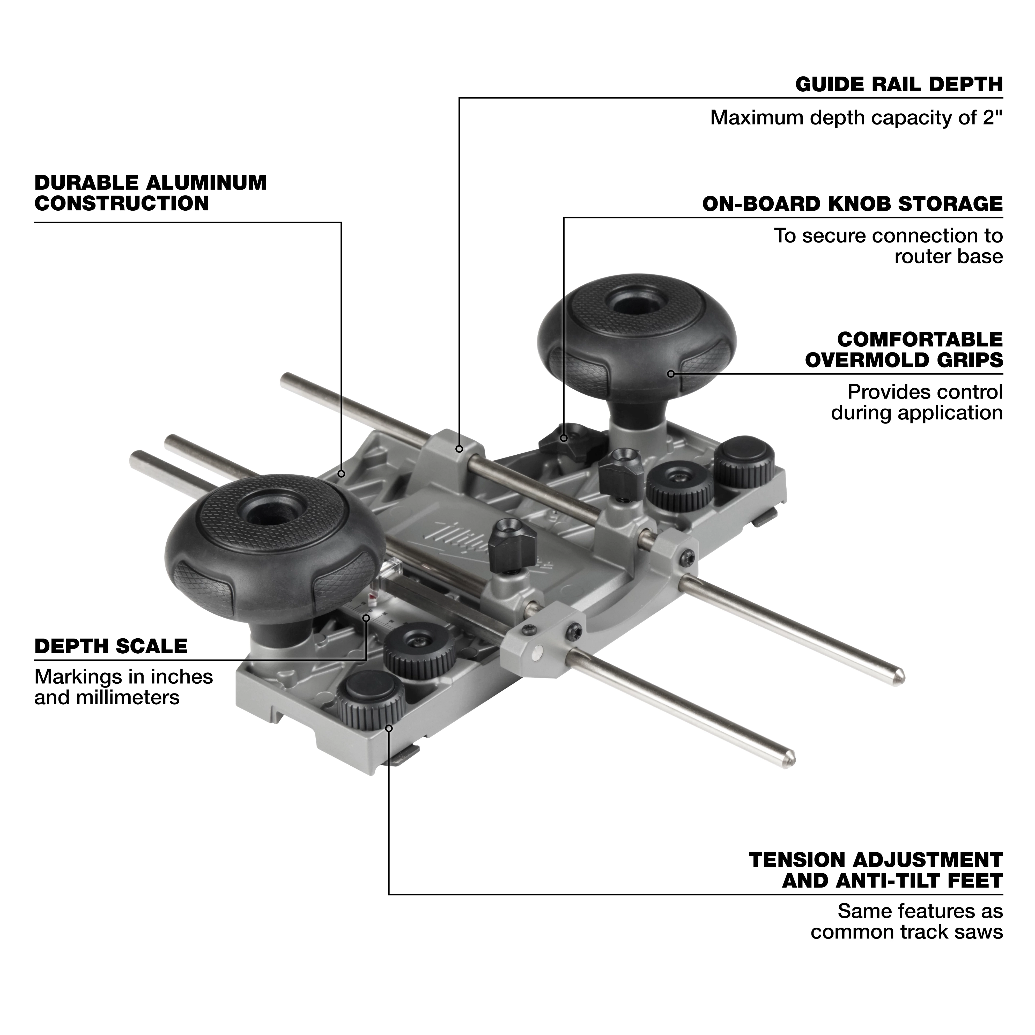 M18 FUEL 1/2" Track Adapter features durable aluminum construction, depth scale in inches and millimeters, and anti-tilt feet for stability.