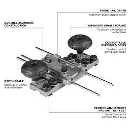 M18 FUEL 1/2" Track Adapter features durable aluminum construction, depth scale in inches and millimeters, and anti-tilt feet for stability.