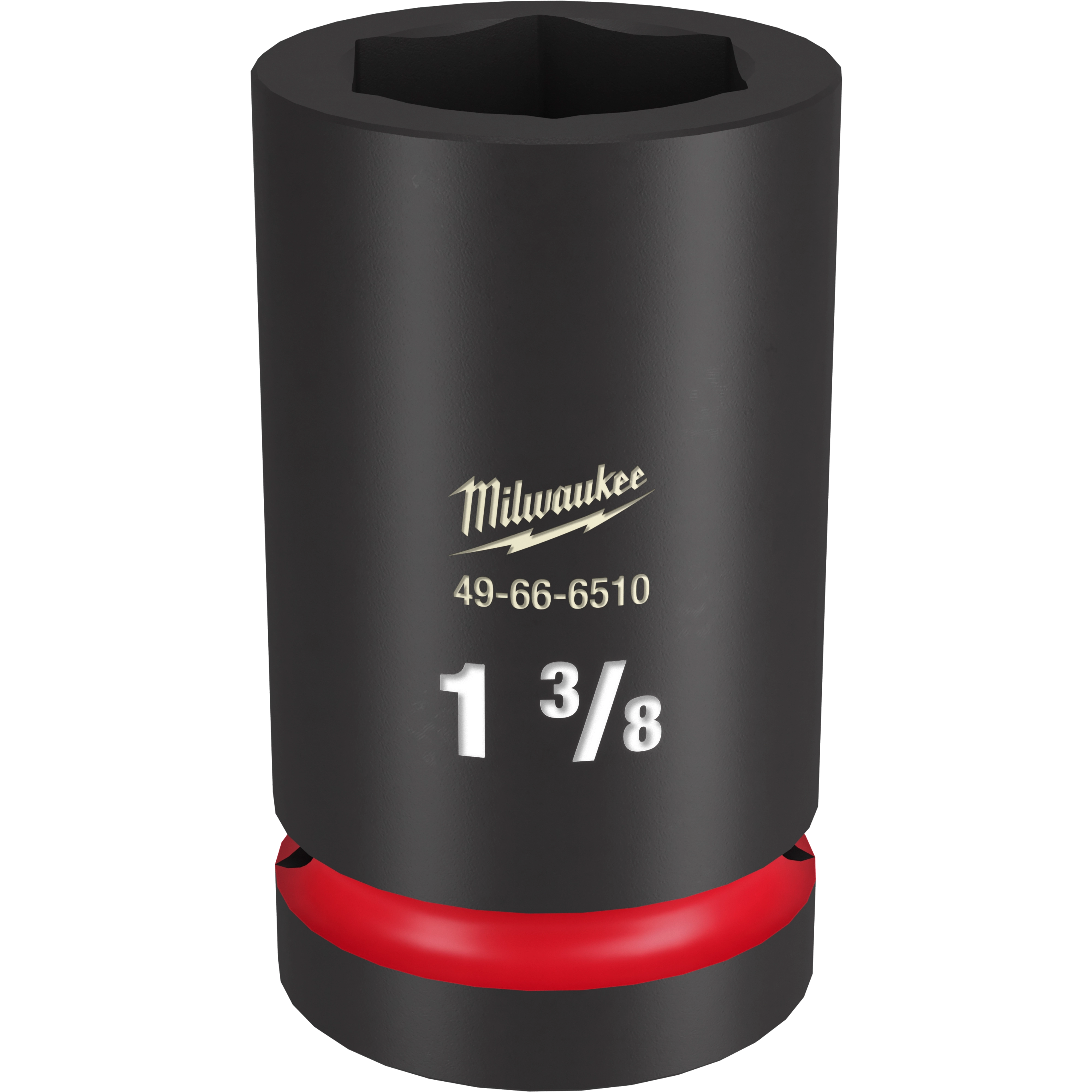 1%22 DR 1-3/8 DEEP IMPACT SOCKET with a black finish, a red ring near the base, and Milwaukee branding. Part number 49-66-6510 and size 1-3/8 are printed in white.
