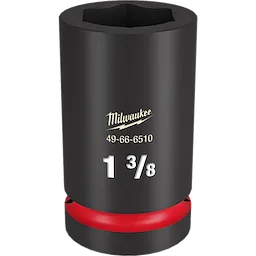 1%22 DR 1-3/8 DEEP IMPACT SOCKET with a black finish, a red ring near the base, and Milwaukee branding. Part number 49-66-6510 and size 1-3/8 are printed in white.