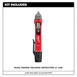 The Dual Range Voltage Detector w/ LED is a red handheld tool with an LED tip. It includes two AAA batteries.