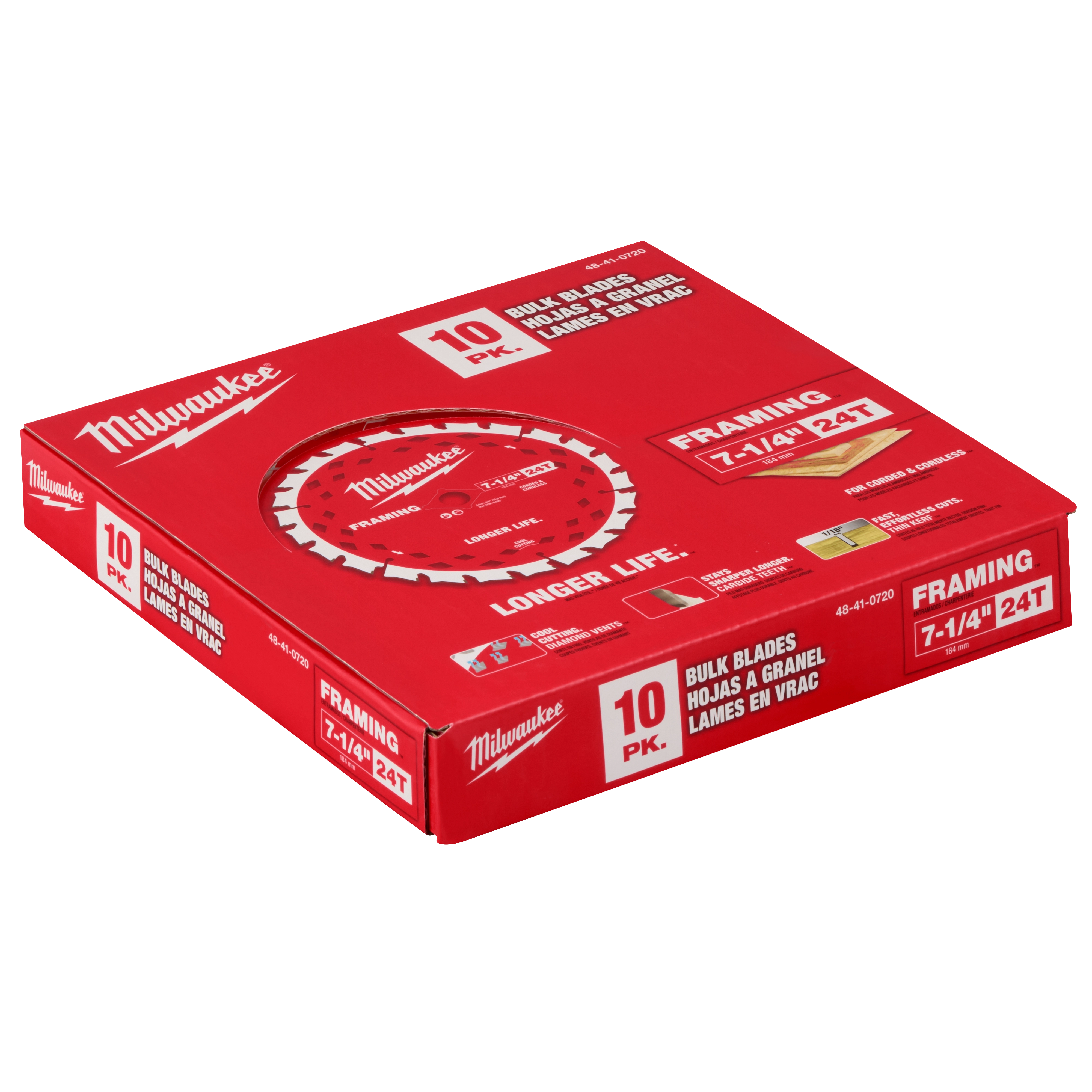 Red box of 10 Milwaukee 7-1/4" 24T Framing Circular Saw Blades. The packaging displays "Longer Life" and blade images.